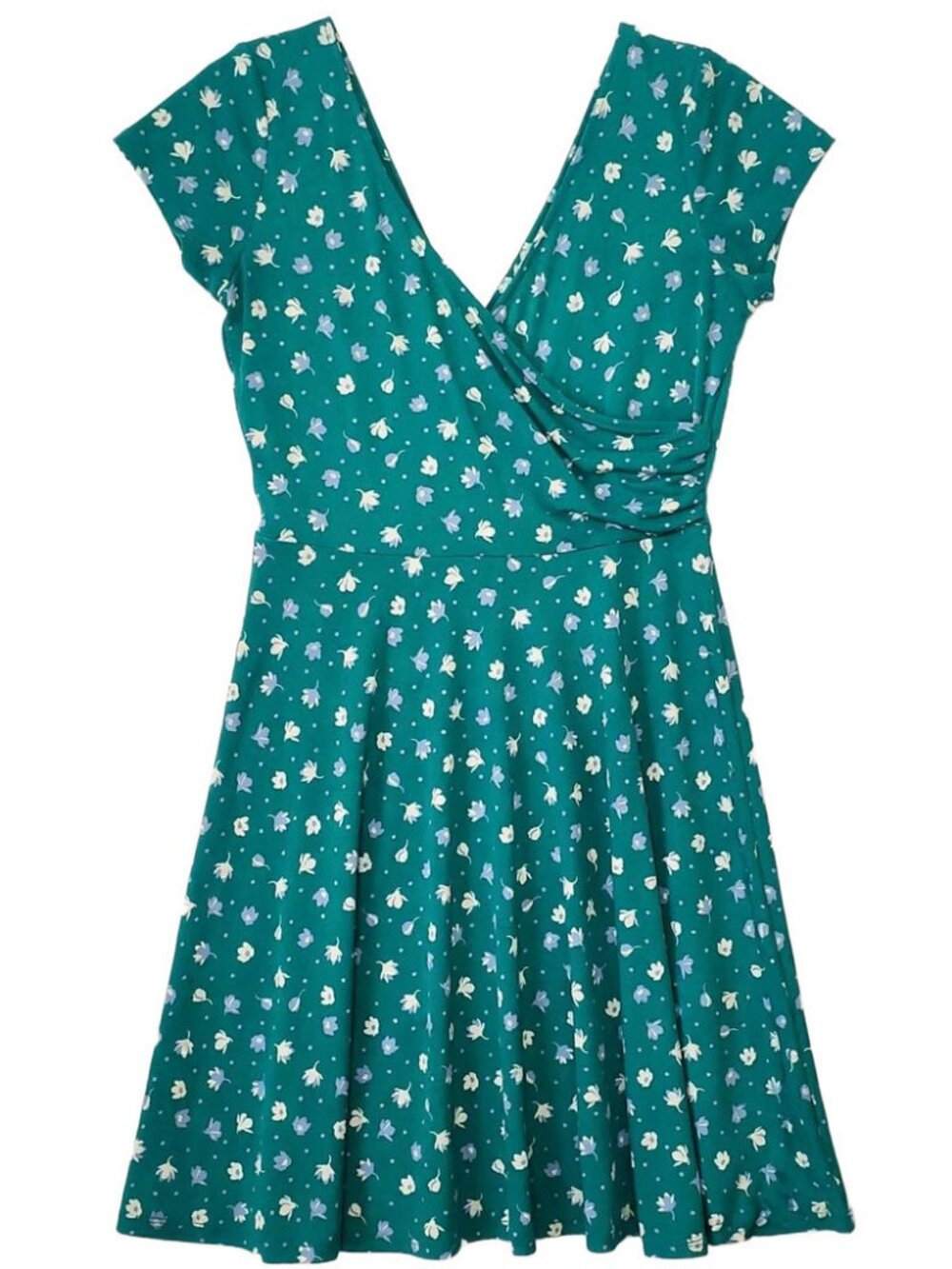 Kaileigh Womens Green Floral Faux Wrap Fit & Flare Short Sleeve Dress Size M
